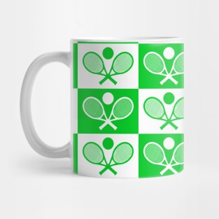 Checkered Tennis Seamless Pattern - Racket and Ball in Green and White Tones Mug